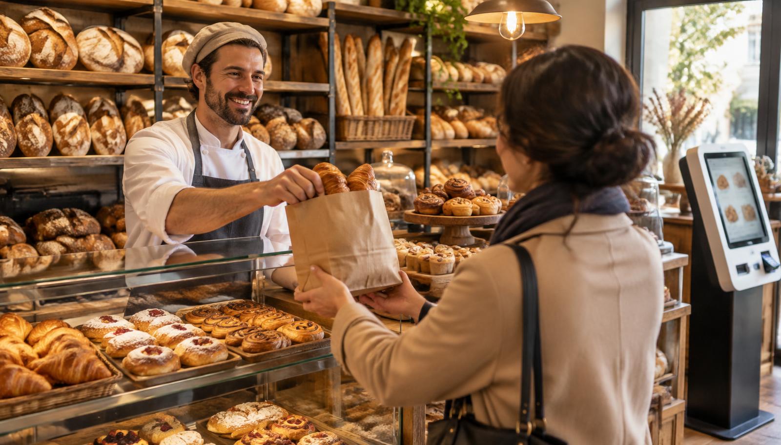 Baker handing fresh croissants in a paper bag at the bakery counter
