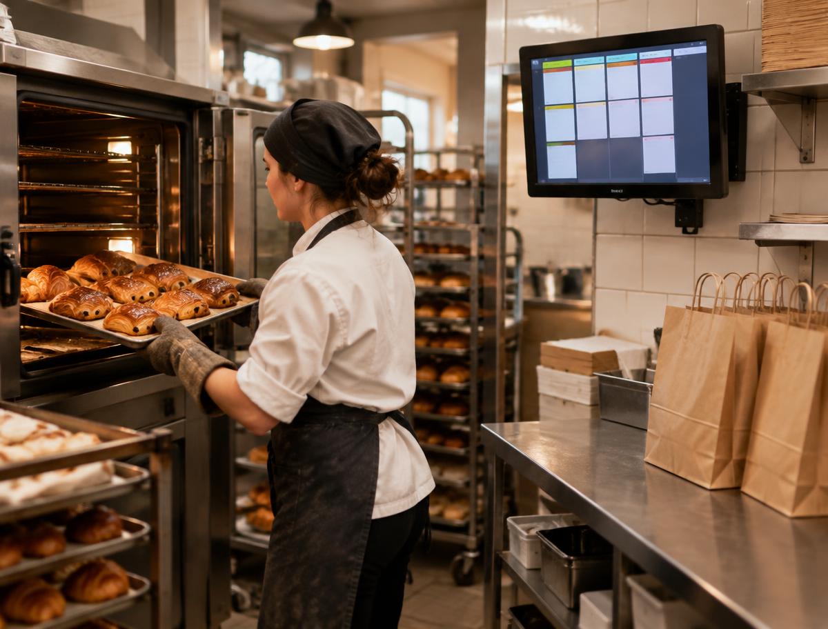 Baker taking pastries out of the oven with a kitchen display on the wall