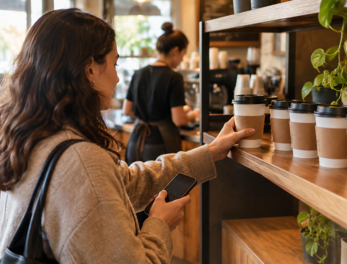 Guest picking up a pre-ordered coffee from the café pickup shelf