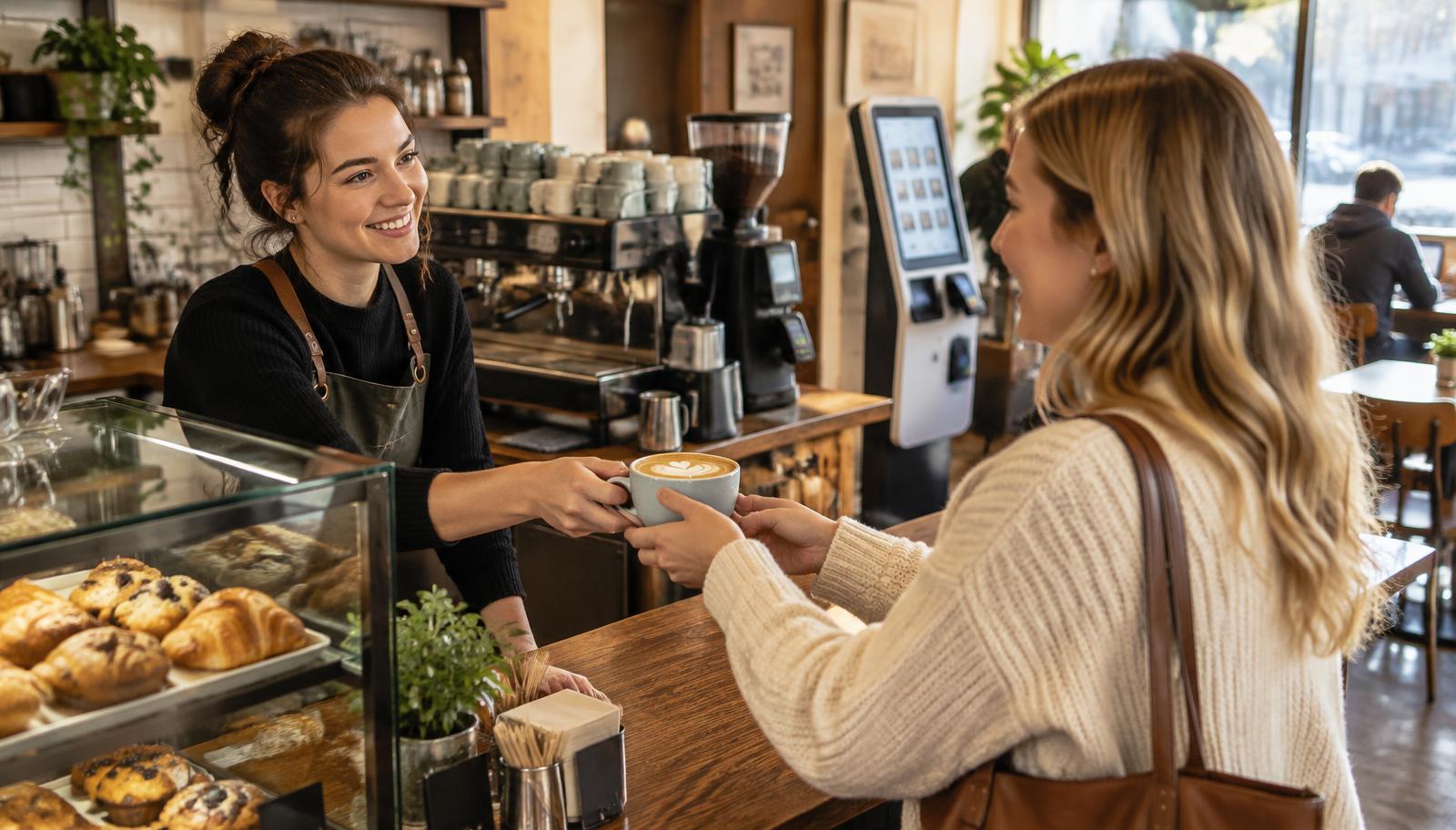 Barista handing a coffee to a guest at the café counter, kiosk in the background