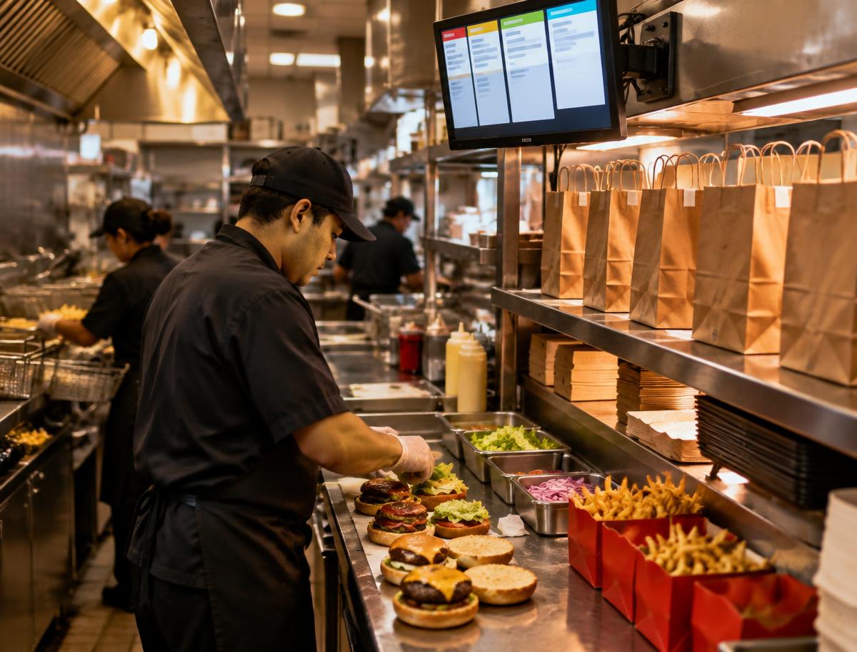 Fast food kitchen at peak time with a kitchen display and takeaway bags