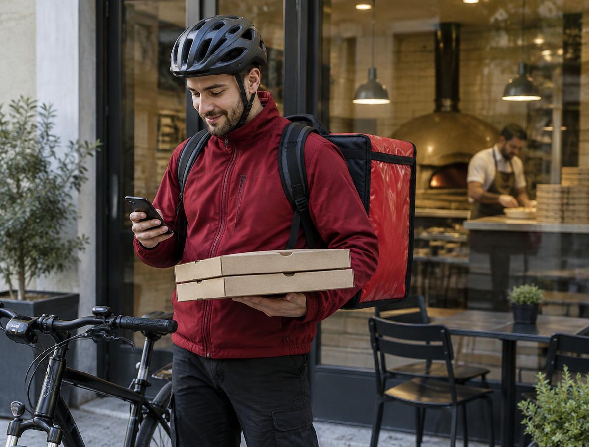Pizza courier with an insulated bag and pizza boxes checking an order on a phone